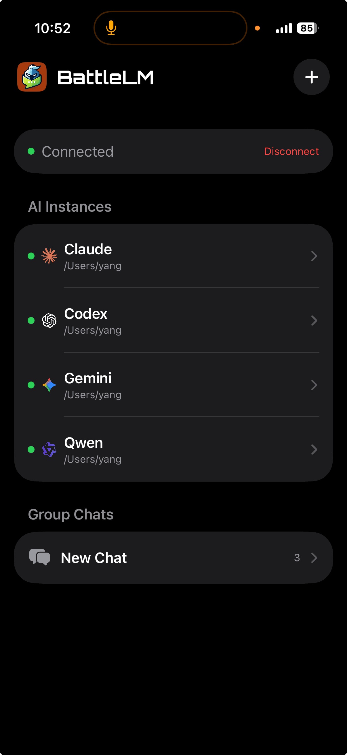 BattleLM iPhone companion app showing the connected mobile interface