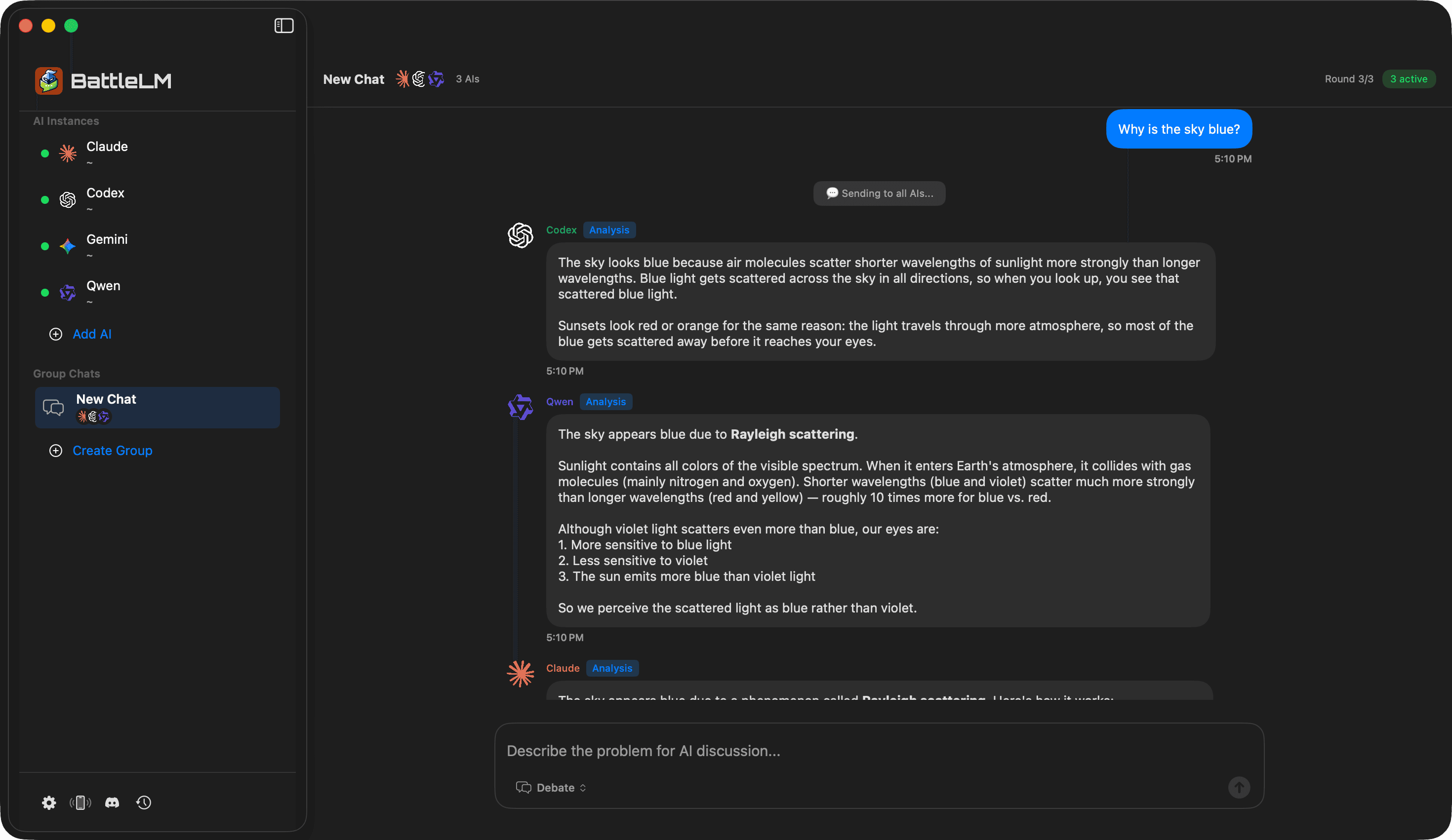BattleLM macOS group chat with multiple AI agents discussing the same problem